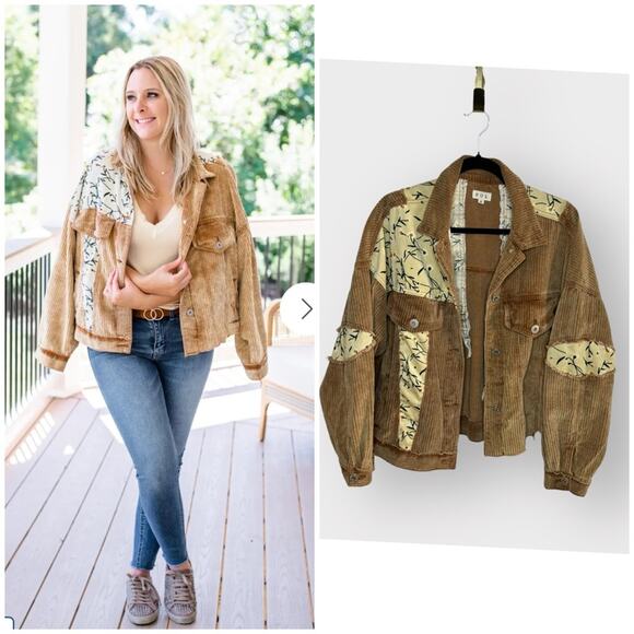 POL Corduroy & Floral Button Down Jacket With Distressed Detail - Picture 1 of 10
